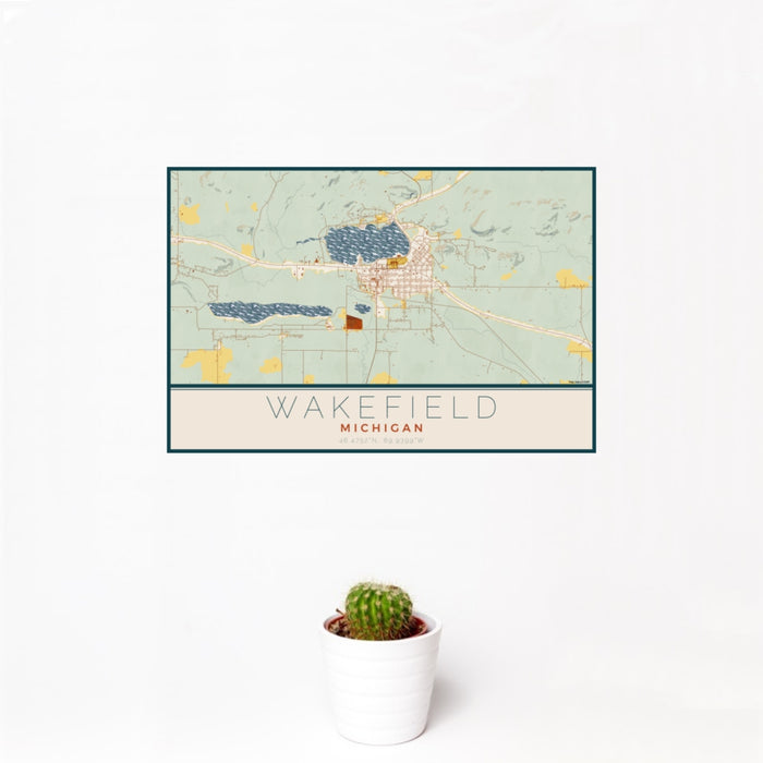 12x18 Wakefield Michigan Map Print Landscape Orientation in Woodblock Style With Small Cactus Plant in White Planter