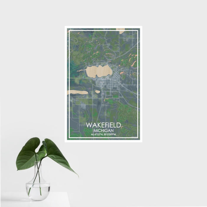 16x24 Wakefield Michigan Map Print Portrait Orientation in Afternoon Style With Tropical Plant Leaves in Water