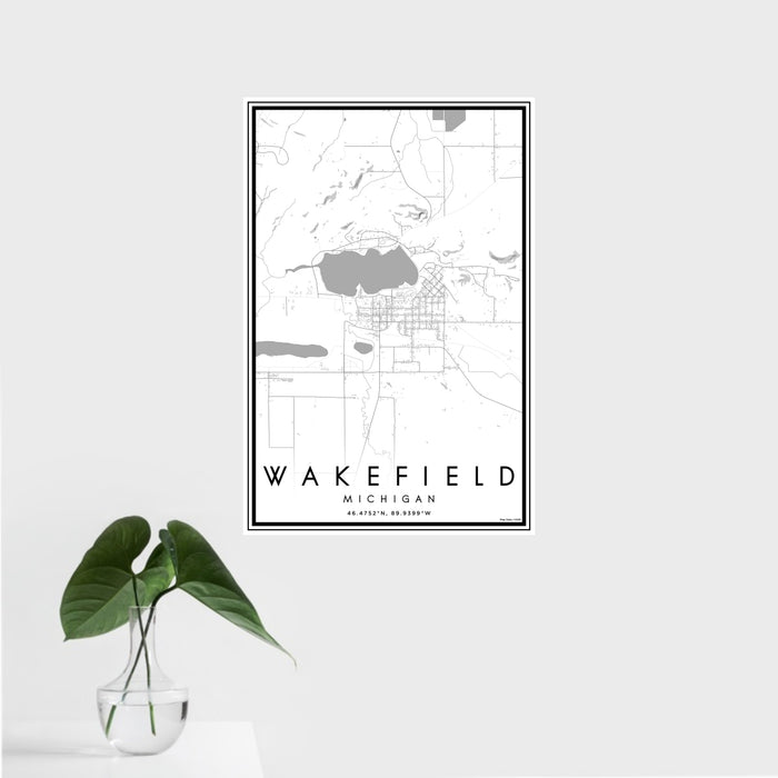 16x24 Wakefield Michigan Map Print Portrait Orientation in Classic Style With Tropical Plant Leaves in Water