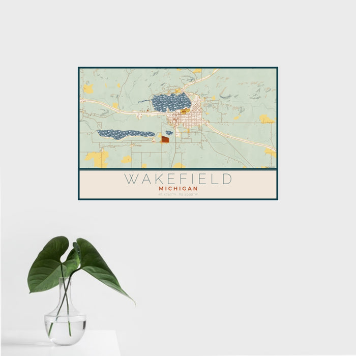 16x24 Wakefield Michigan Map Print Landscape Orientation in Woodblock Style With Tropical Plant Leaves in Water