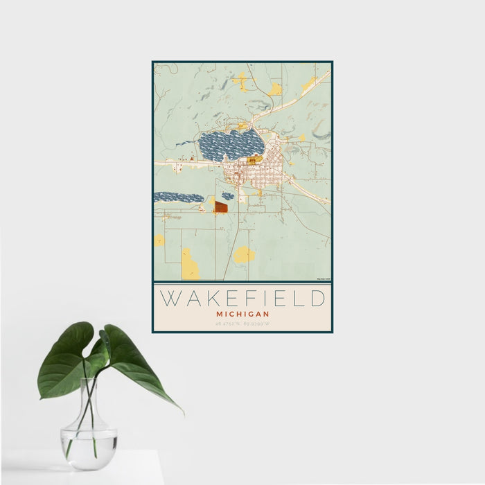 16x24 Wakefield Michigan Map Print Portrait Orientation in Woodblock Style With Tropical Plant Leaves in Water