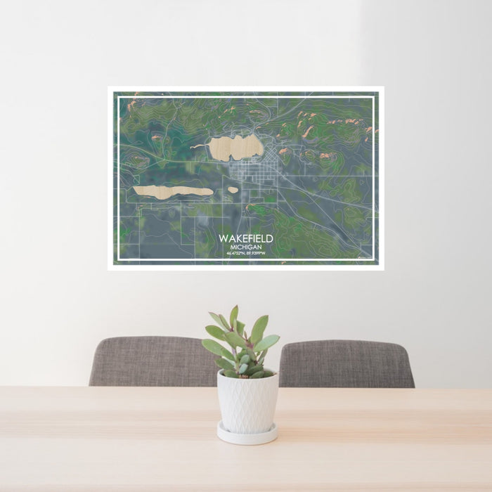 24x36 Wakefield Michigan Map Print Lanscape Orientation in Afternoon Style Behind 2 Chairs Table and Potted Plant