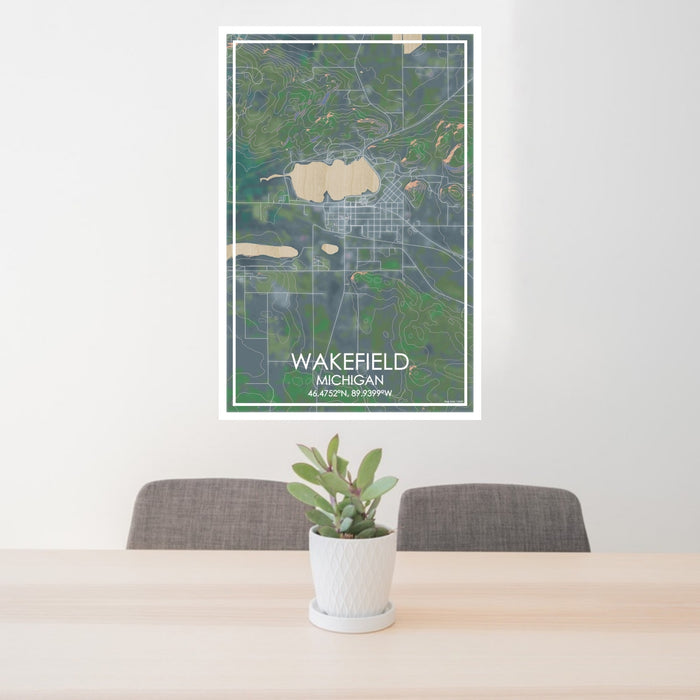 24x36 Wakefield Michigan Map Print Portrait Orientation in Afternoon Style Behind 2 Chairs Table and Potted Plant