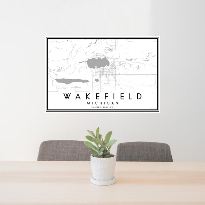 24x36 Wakefield Michigan Map Print Lanscape Orientation in Classic Style Behind 2 Chairs Table and Potted Plant