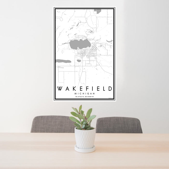 24x36 Wakefield Michigan Map Print Portrait Orientation in Classic Style Behind 2 Chairs Table and Potted Plant