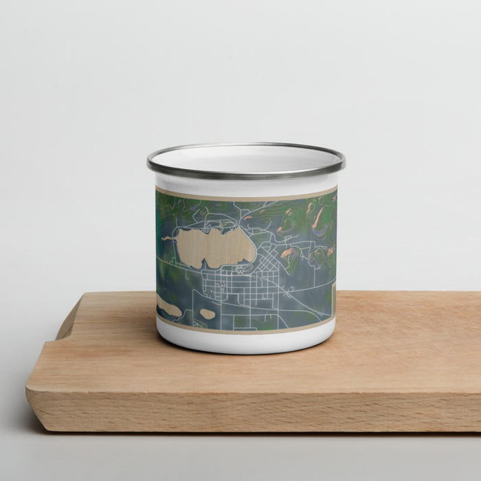 Front View Custom Wakefield Michigan Map Enamel Mug in Afternoon on Cutting Board