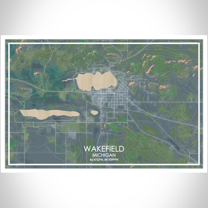 Wakefield Michigan Map Print Landscape Orientation in Afternoon Style With Shaded Background