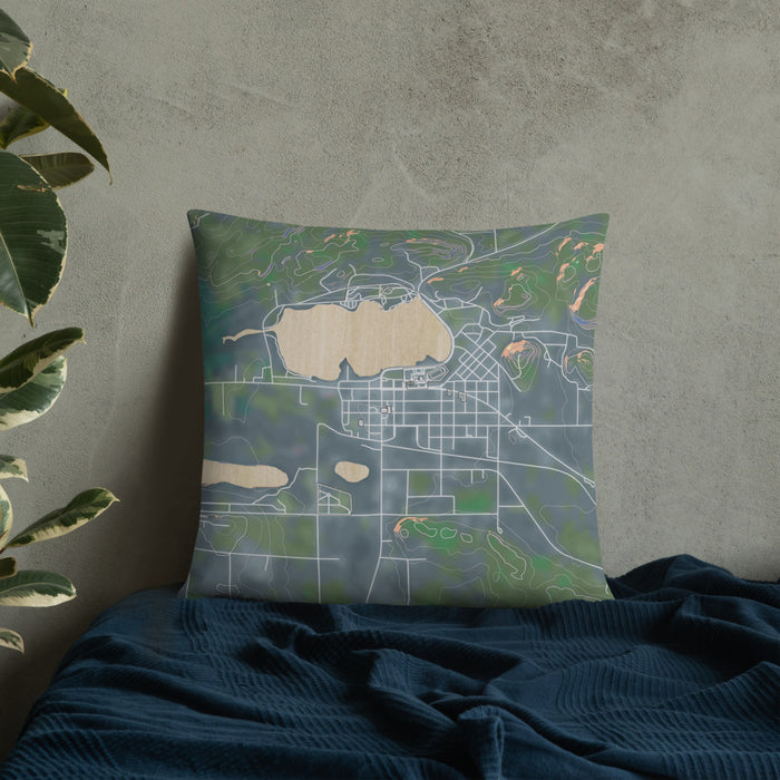 Custom Wakefield Michigan Map Throw Pillow in Afternoon on Bedding Against Wall