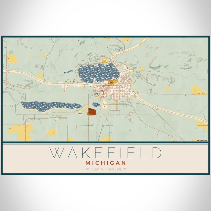 Wakefield Michigan Map Print Landscape Orientation in Woodblock Style With Shaded Background