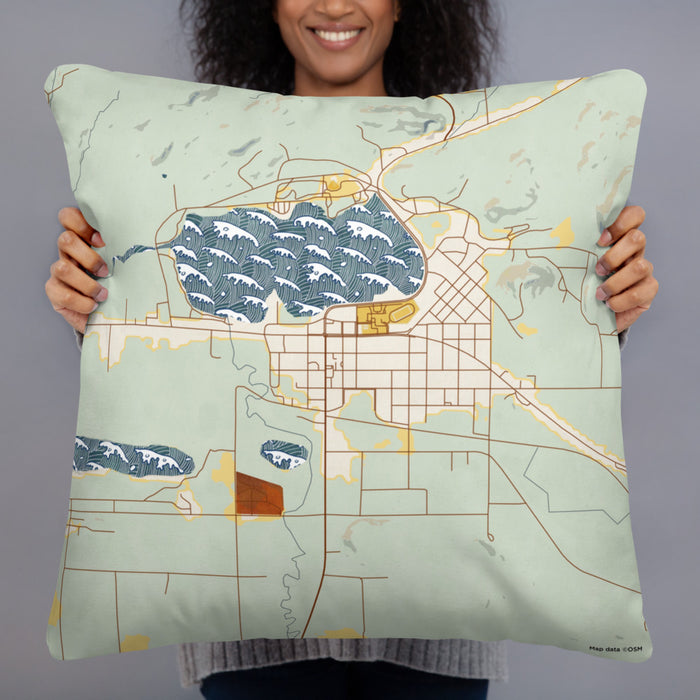 Person holding 22x22 Custom Wakefield Michigan Map Throw Pillow in Woodblock
