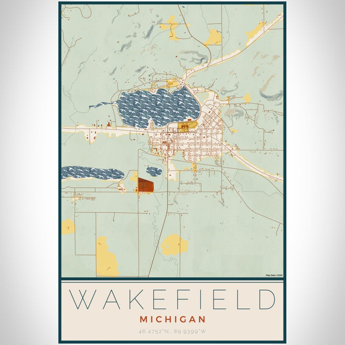 Wakefield Michigan Map Print Portrait Orientation in Woodblock Style With Shaded Background