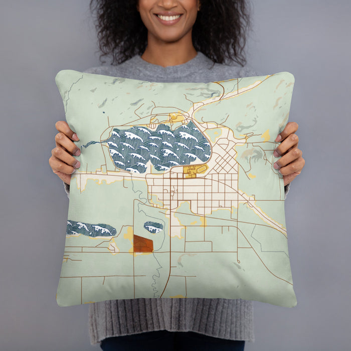 Person holding 18x18 Custom Wakefield Michigan Map Throw Pillow in Woodblock