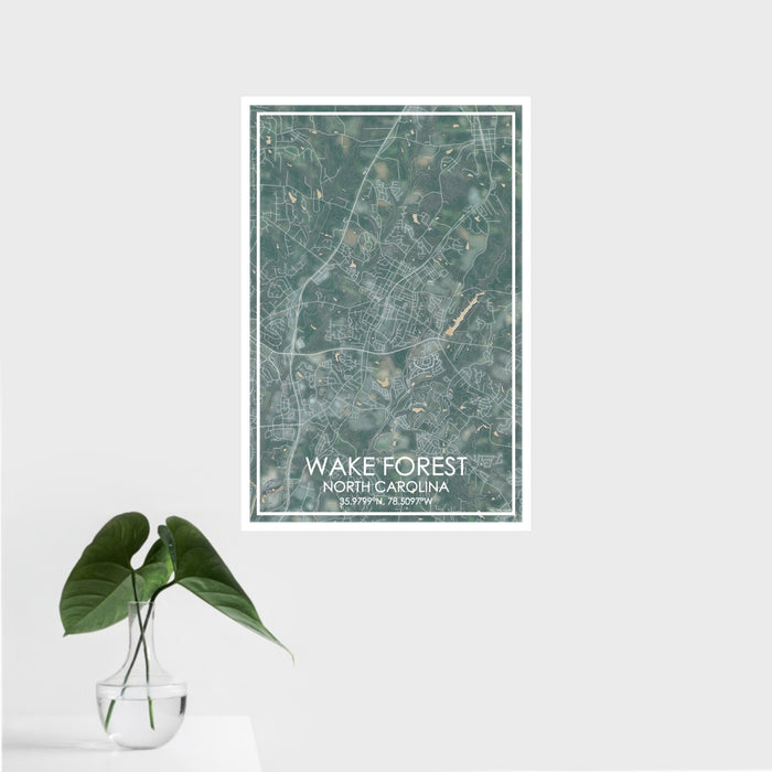 16x24 Wake Forest North Carolina Map Print Portrait Orientation in Afternoon Style With Tropical Plant Leaves in Water