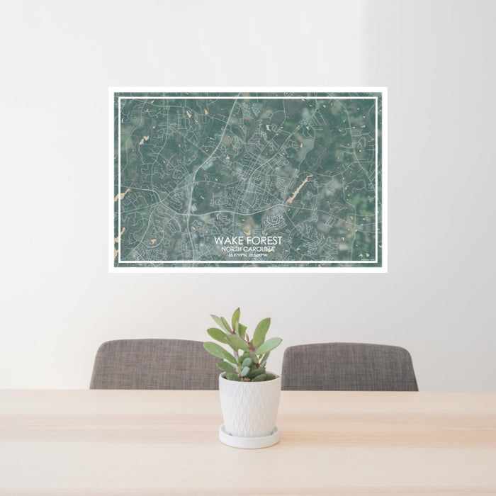 24x36 Wake Forest North Carolina Map Print Lanscape Orientation in Afternoon Style Behind 2 Chairs Table and Potted Plant
