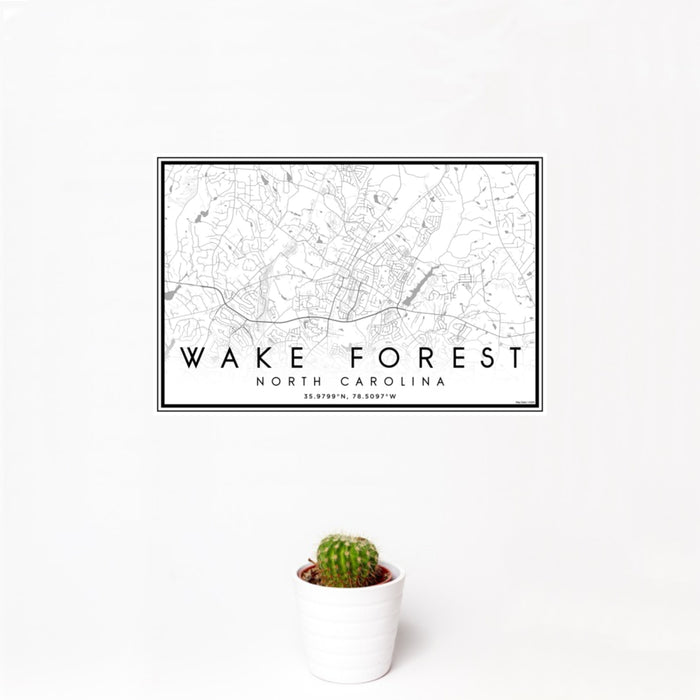 12x18 Wake Forest North Carolina Map Print Landscape Orientation in Classic Style With Small Cactus Plant in White Planter