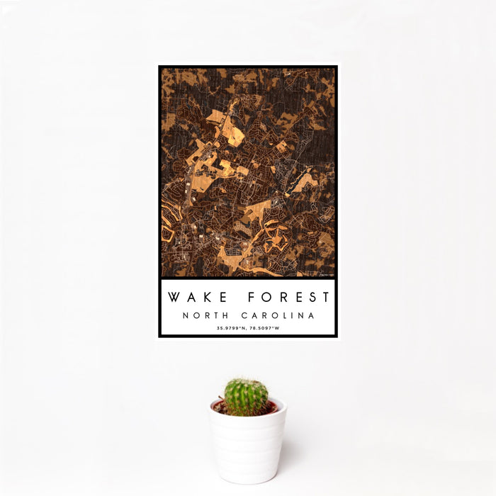 12x18 Wake Forest North Carolina Map Print Portrait Orientation in Ember Style With Small Cactus Plant in White Planter