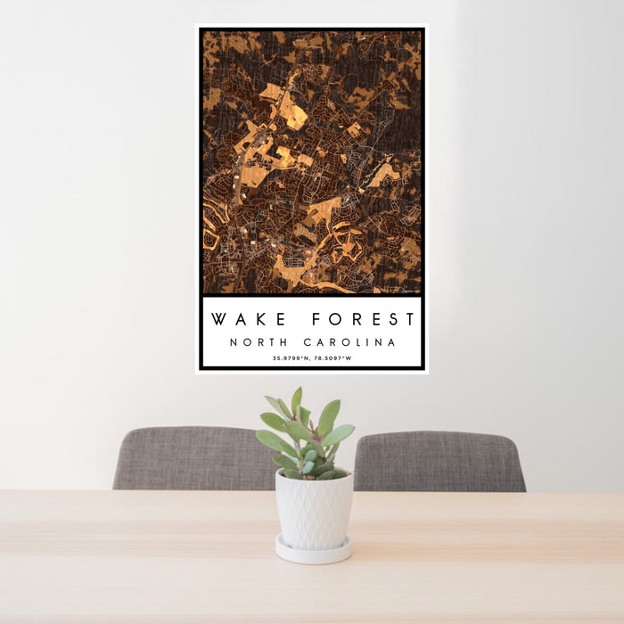24x36 Wake Forest North Carolina Map Print Portrait Orientation in Ember Style Behind 2 Chairs Table and Potted Plant