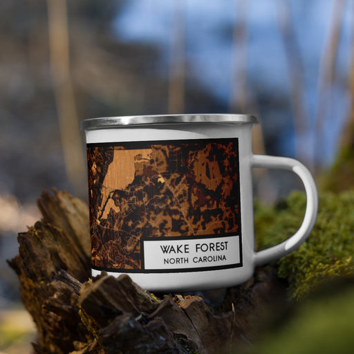 Right View Custom Wake Forest North Carolina Map Enamel Mug in Ember on Grass With Trees in Background