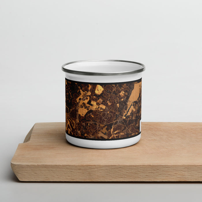 Front View Custom Wake Forest North Carolina Map Enamel Mug in Ember on Cutting Board