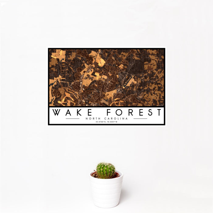 12x18 Wake Forest North Carolina Map Print Landscape Orientation in Ember Style With Small Cactus Plant in White Planter