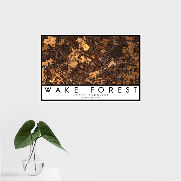 16x24 Wake Forest North Carolina Map Print Landscape Orientation in Ember Style With Tropical Plant Leaves in Water