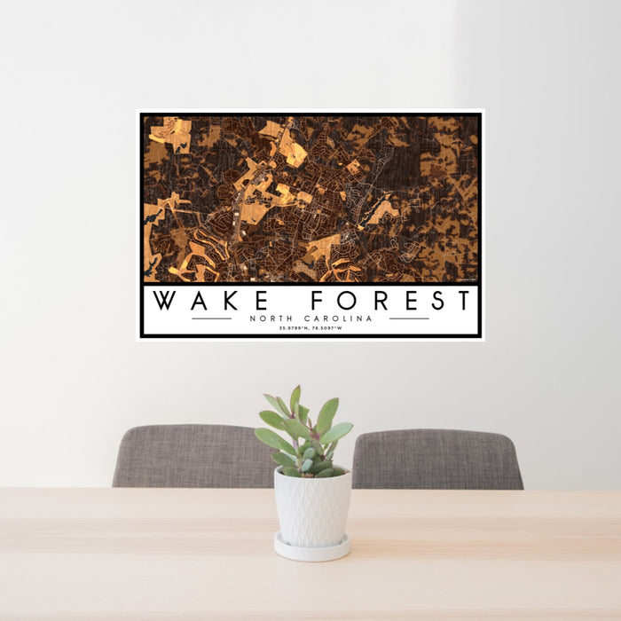 24x36 Wake Forest North Carolina Map Print Landscape Orientation in Ember Style Behind 2 Chairs Table and Potted Plant