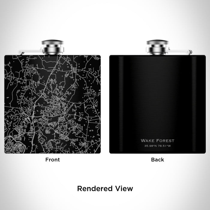 Rendered View of Wake Forest North Carolina Map Engraving on 6oz Stainless Steel Flask in Black