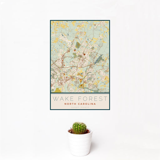 12x18 Wake Forest North Carolina Map Print Portrait Orientation in Woodblock Style With Small Cactus Plant in White Planter