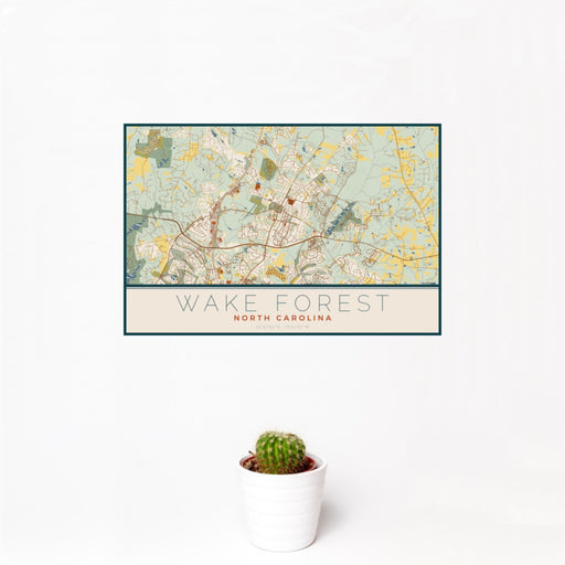 12x18 Wake Forest North Carolina Map Print Landscape Orientation in Woodblock Style With Small Cactus Plant in White Planter