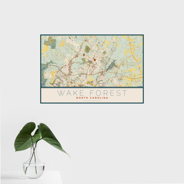 16x24 Wake Forest North Carolina Map Print Landscape Orientation in Woodblock Style With Tropical Plant Leaves in Water