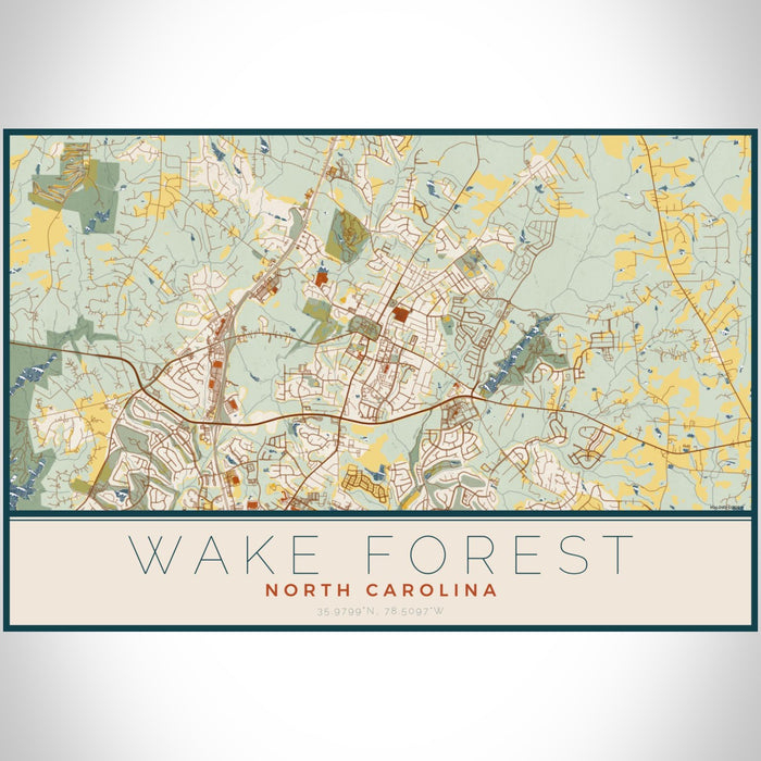Wake Forest North Carolina Map Print Landscape Orientation in Woodblock Style With Shaded Background