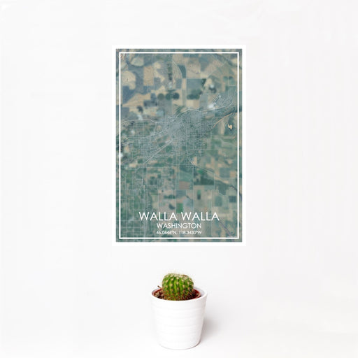 12x18 Walla Walla Washington Map Print Portrait Orientation in Afternoon Style With Small Cactus Plant in White Planter