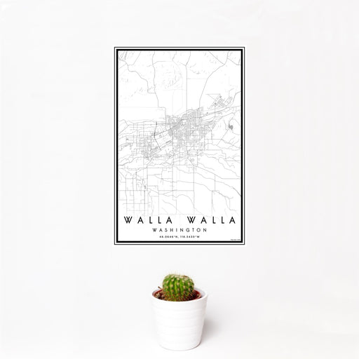 12x18 Walla Walla Washington Map Print Portrait Orientation in Classic Style With Small Cactus Plant in White Planter