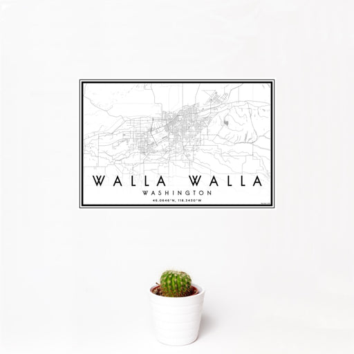 12x18 Walla Walla Washington Map Print Landscape Orientation in Classic Style With Small Cactus Plant in White Planter