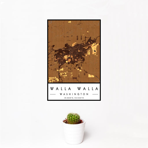 12x18 Walla Walla Washington Map Print Portrait Orientation in Ember Style With Small Cactus Plant in White Planter