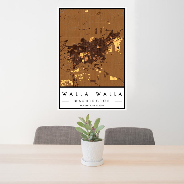 24x36 Walla Walla Washington Map Print Portrait Orientation in Ember Style Behind 2 Chairs Table and Potted Plant