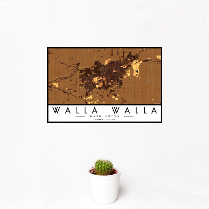 12x18 Walla Walla Washington Map Print Landscape Orientation in Ember Style With Small Cactus Plant in White Planter