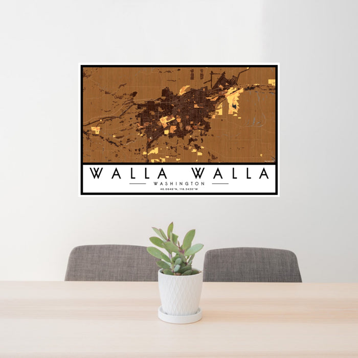 24x36 Walla Walla Washington Map Print Landscape Orientation in Ember Style Behind 2 Chairs Table and Potted Plant