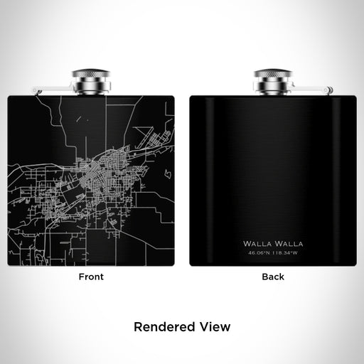 Rendered View of Walla Walla Washington Map Engraving on 6oz Stainless Steel Flask in Black