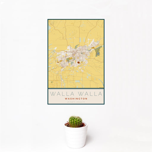 12x18 Walla Walla Washington Map Print Portrait Orientation in Woodblock Style With Small Cactus Plant in White Planter