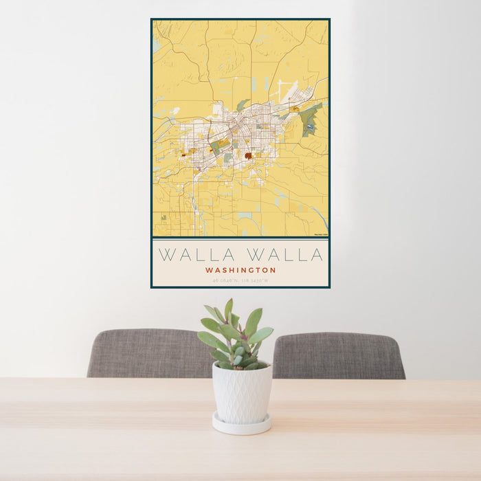 24x36 Walla Walla Washington Map Print Portrait Orientation in Woodblock Style Behind 2 Chairs Table and Potted Plant