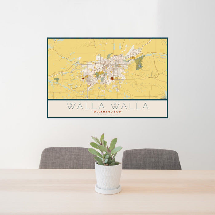 24x36 Walla Walla Washington Map Print Landscape Orientation in Woodblock Style Behind 2 Chairs Table and Potted Plant