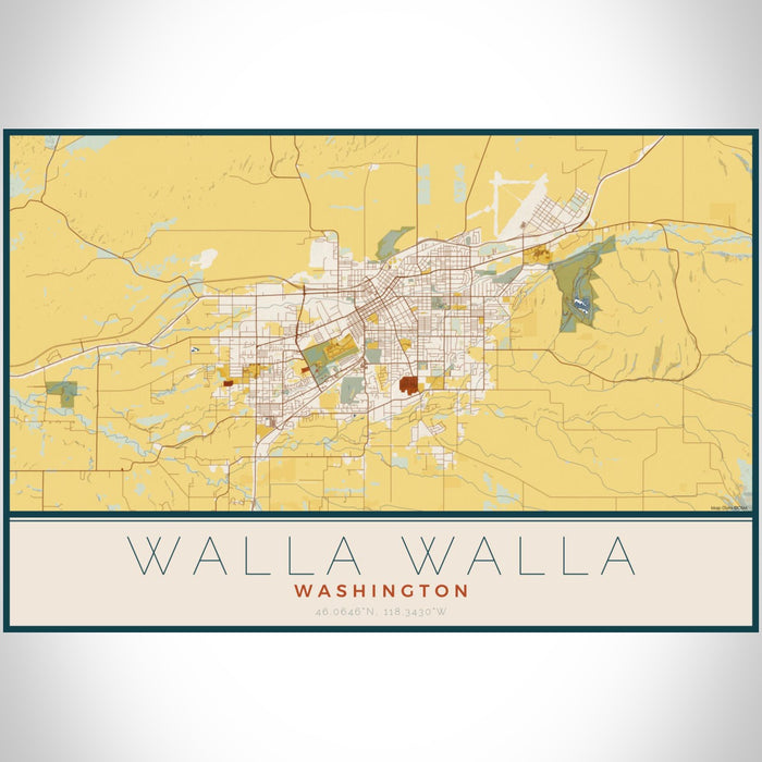 Walla Walla Washington Map Print Landscape Orientation in Woodblock Style With Shaded Background