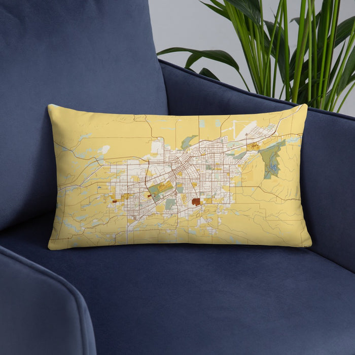 Custom Walla Walla Washington Map Throw Pillow in Woodblock on Blue Colored Chair
