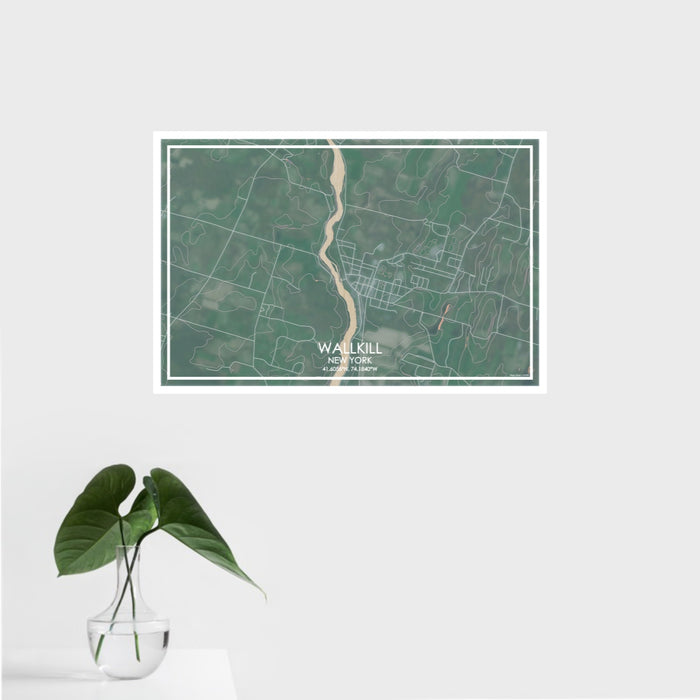 16x24 Wallkill New York Map Print Landscape Orientation in Afternoon Style With Tropical Plant Leaves in Water