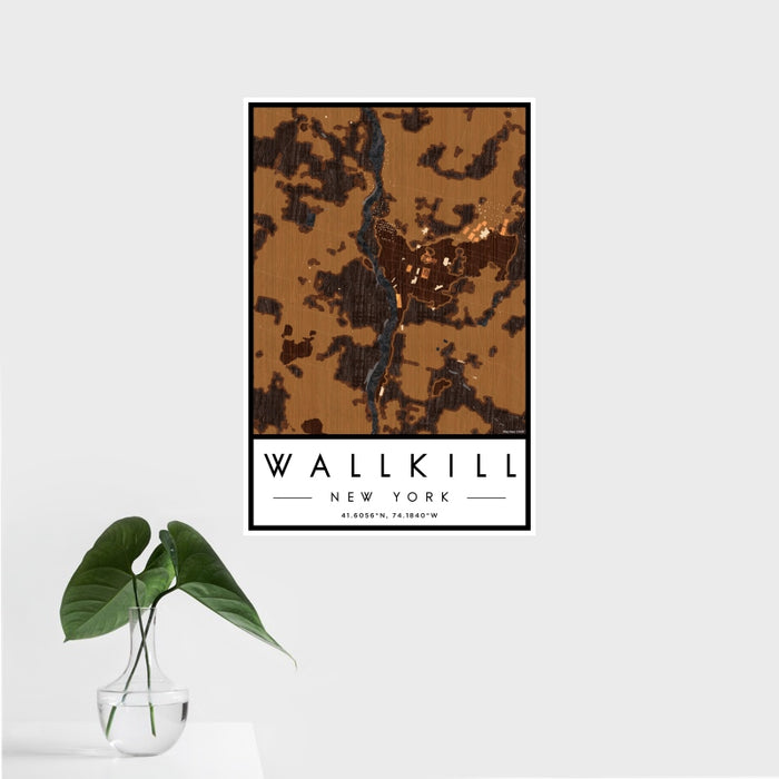 16x24 Wallkill New York Map Print Portrait Orientation in Ember Style With Tropical Plant Leaves in Water