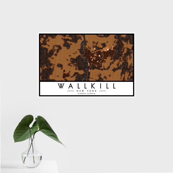 16x24 Wallkill New York Map Print Landscape Orientation in Ember Style With Tropical Plant Leaves in Water