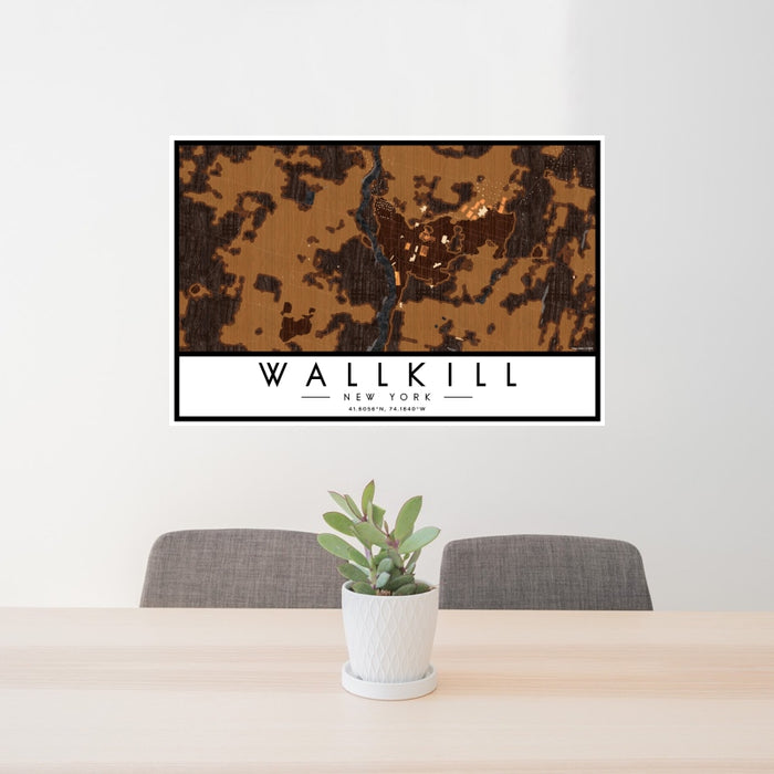 24x36 Wallkill New York Map Print Landscape Orientation in Ember Style Behind 2 Chairs Table and Potted Plant