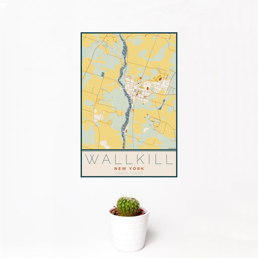 12x18 Wallkill New York Map Print Portrait Orientation in Woodblock Style With Small Cactus Plant in White Planter
