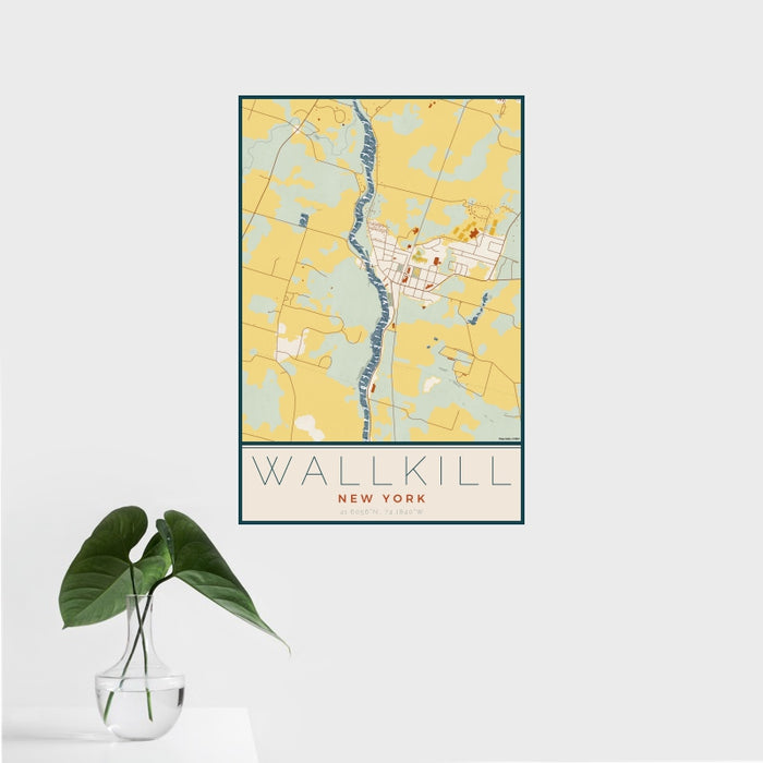 16x24 Wallkill New York Map Print Portrait Orientation in Woodblock Style With Tropical Plant Leaves in Water